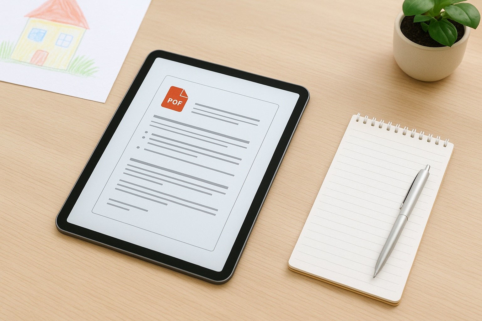 Ein Tablet auf einem Tisch, auf dem Bildschirm ein geöffnetes PDF-Dokument