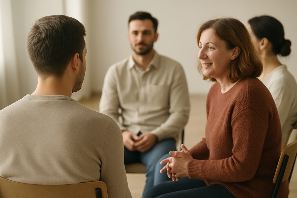Vier Erwachsene sitzen in einem Stuhlkreis in einem hellen Raum und unterhalten sich aufmerksam – Szene aus einem Workshop zur Gruppenpsychotherapie.